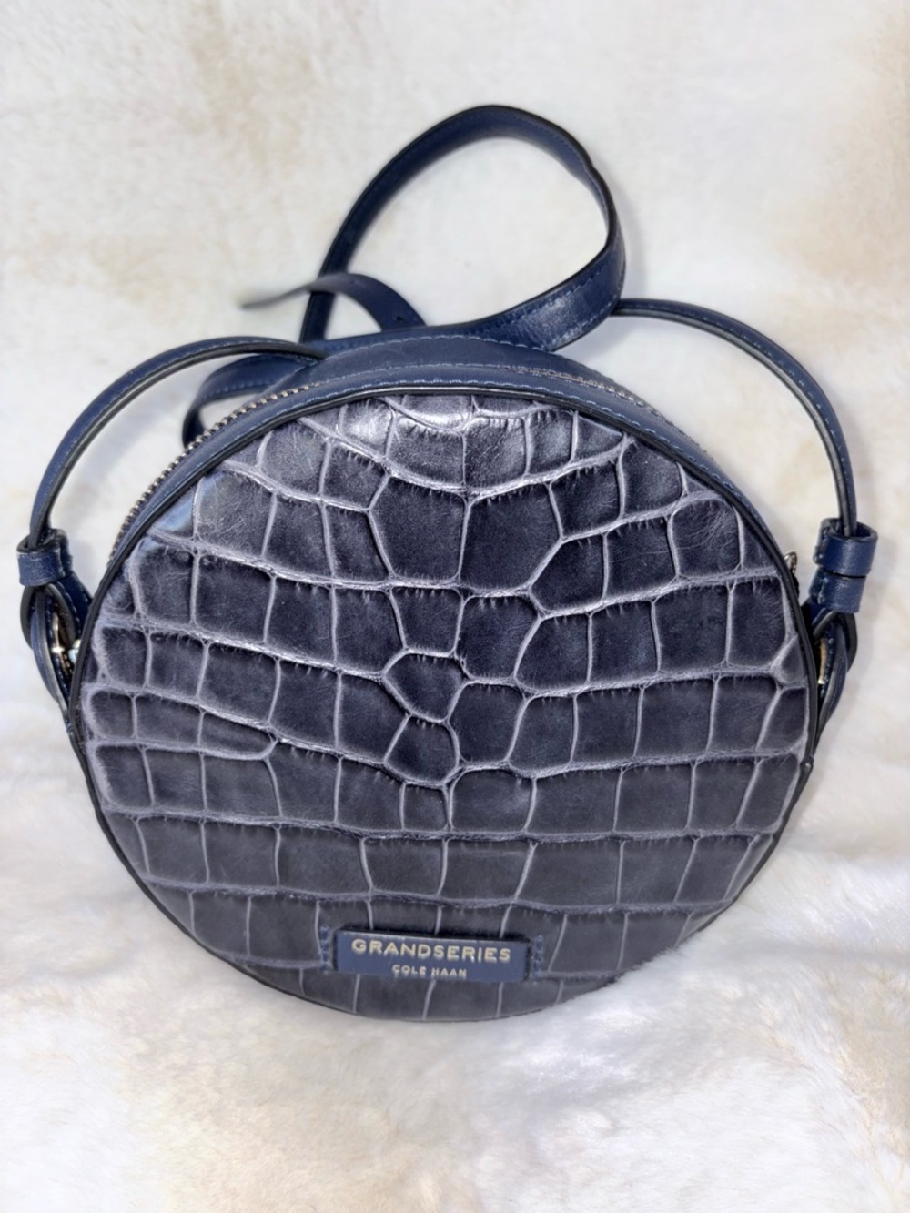 Cole Haan Navy Croc-Embossed Round Crossbody Bag